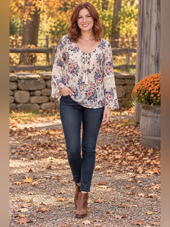 Self Esteem Tops - Self Esteem Large Floral Lace-Up Boho Blouse Crochet Sleeves